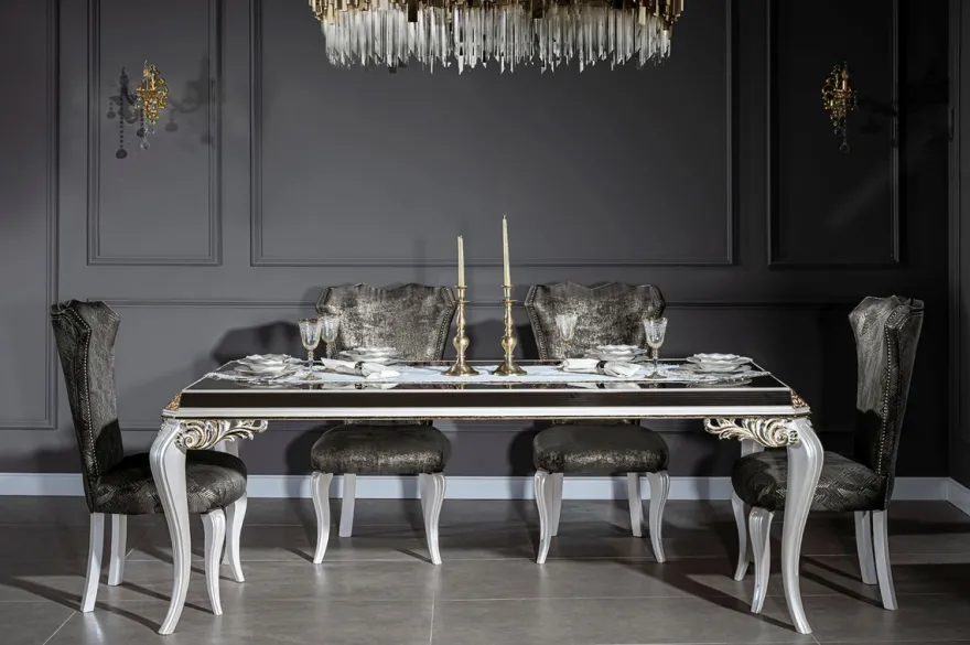 Casa Padrino Luxus Barock Esstisch Weiß / Gold / Schwarz 207 x 104 x H. 78 cm - Massivholz Küchentisch mit Glasplatte - Edle Esszimmer Möbel im Barockstil