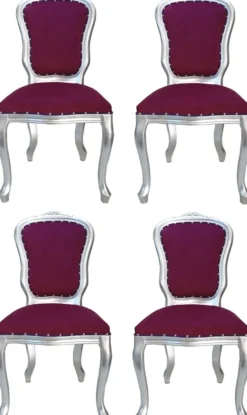 Casa Padrino Luxus Barock Esszimmer Set Louis Lila / Silber 50 x 60 x H. 104 cm - 4 handgefertigte Esszimmerstühle - Barock Esszimmermöbel - Made in Italy