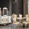 Casa Padrino Luxus Barock Esszimmerstuhl 8er Set Weiß / Creme / Beige / Schwarz / Gold - Barockstil Küchenstühle mit Muster - Luxus Esszimmer Möbel im Barockstil - Barock Esszimmer Möbel