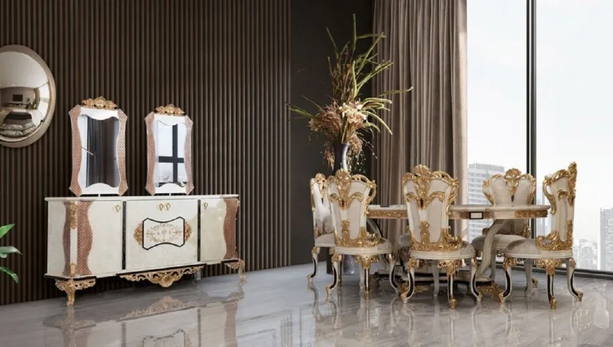Casa Padrino Luxus Barock Esszimmerstuhl 8er Set Weiß / Creme / Beige / Schwarz / Gold - Barockstil Küchenstühle mit Muster - Luxus Esszimmer Möbel im Barockstil - Barock Esszimmer Möbel