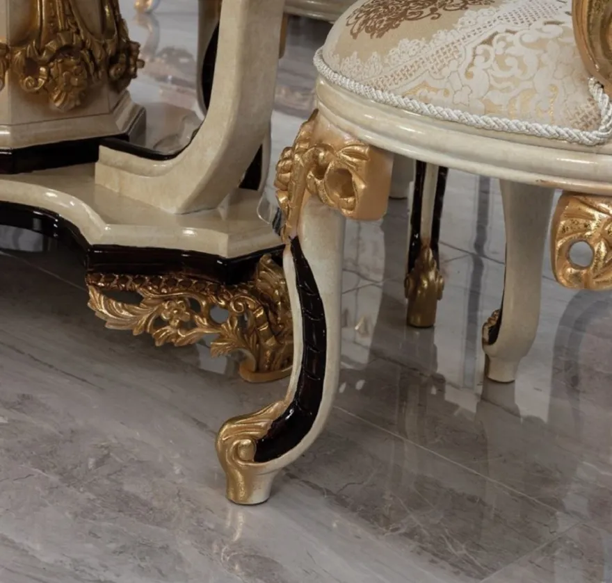 Casa Padrino Luxus Barock Esszimmerstuhl 8er Set Weiß / Creme / Beige / Schwarz / Gold - Barockstil Küchenstühle mit Muster - Luxus Esszimmer Möbel im Barockstil - Barock Esszimmer Möbel