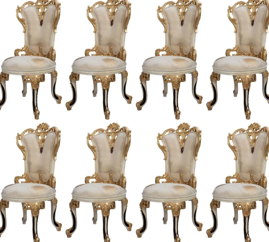 Casa Padrino Luxus Barock Esszimmerstuhl 8er Set Weiß / Creme / Beige / Schwarz / Gold - Barockstil Küchenstühle mit Muster - Luxus Esszimmer Möbel im Barockstil - Barock Esszimmer Möbel