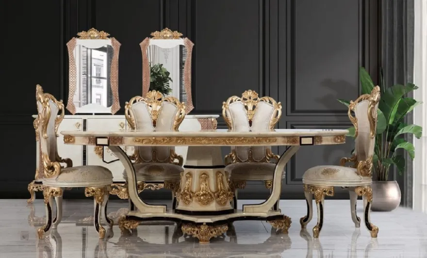 Casa Padrino Luxus Barock Esszimmerstuhl 8er Set Weiß / Creme / Beige / Schwarz / Gold - Barockstil Küchenstühle mit Muster - Luxus Esszimmer Möbel im Barockstil - Barock Esszimmer Möbel