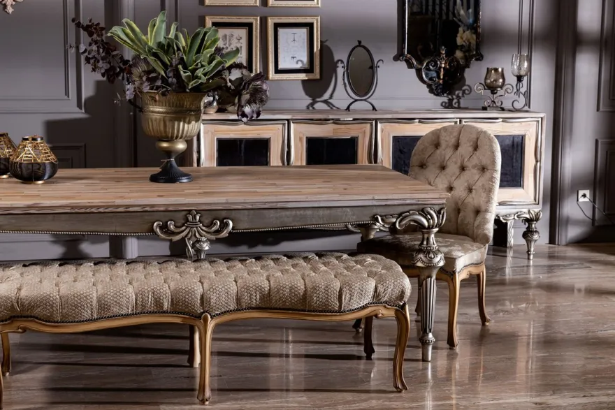 Casa Padrino Luxus Barock Esstisch Naturfarben / Silber - Prunkvoller Massivholz Esszimmertisch im Barockstil - Barock Esszimmer Möbel
