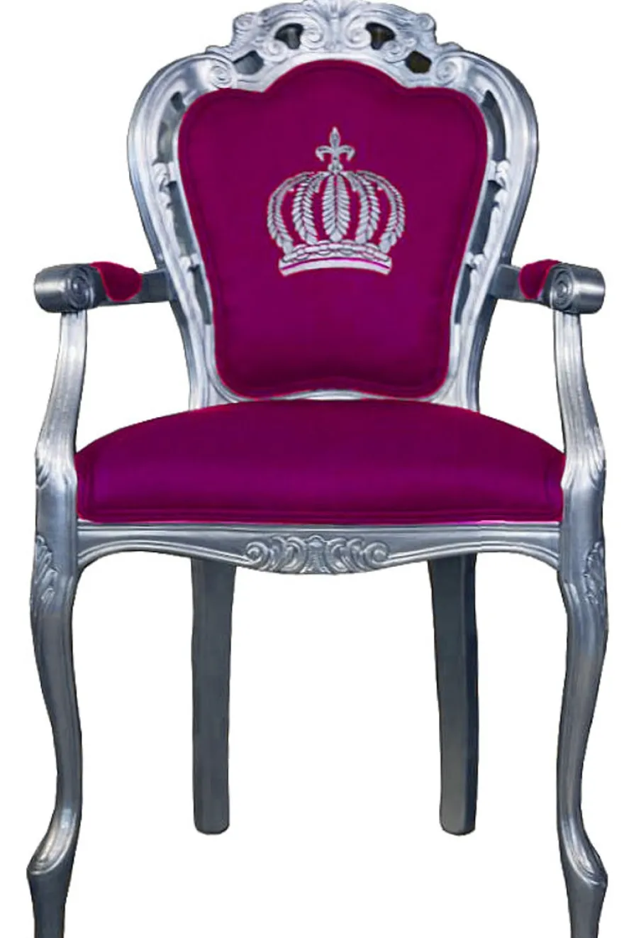 Casa Padrino Luxus Barock Esszimmerstuhl mit Armlehnen Pompöös von Harald Glööckler Pink / Silber 48 x 54 x 105 cm