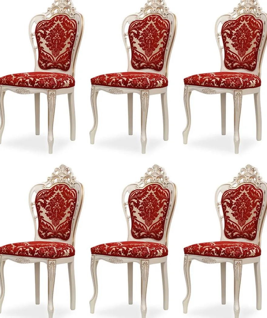 Casa Padrino Luxus Barock Esszimmer Stuhl 6er Set mit elegantem Muster Rot / Weiß / Beige / Gold - Barockstil Küchen Stühle - Prunkvolle Luxus Esszimmer Möbel im Barockstil - Edel & Prunkvoll