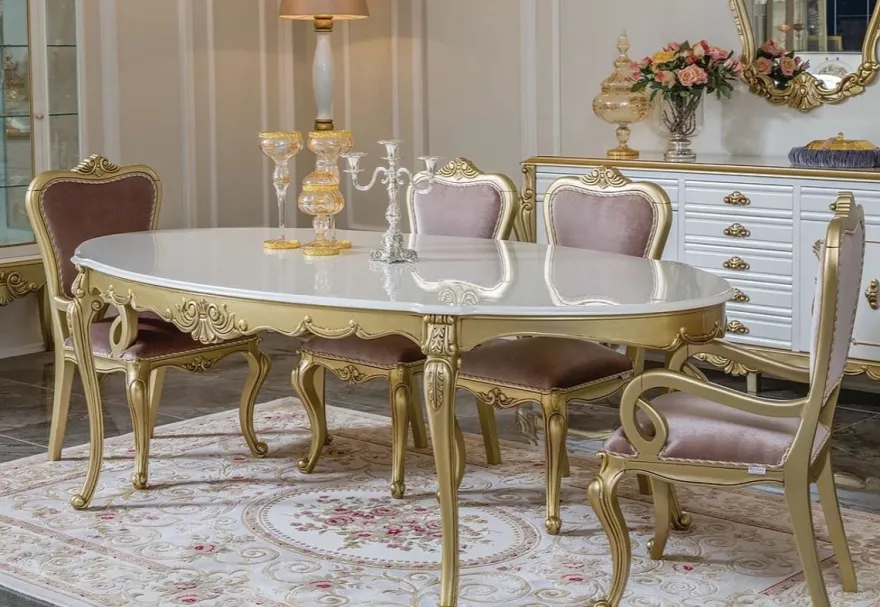 Casa Padrino Luxus Barock Esszimmer Set Rosa / Weiß / Gold - 1 ovaler Esstisch & 6 Esszimmerstühle - Prunkvolle Esszimmer Möbel im Barockstil