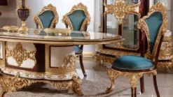 Casa Padrino Luxus Barock Esszimmerstuhl Set Blau / Braun / Gold - Handgefertigtes Küchen Stühle 6er Set mit elegantem Muster - Barock Esszimmer Möbel - Edel & Prunkvoll