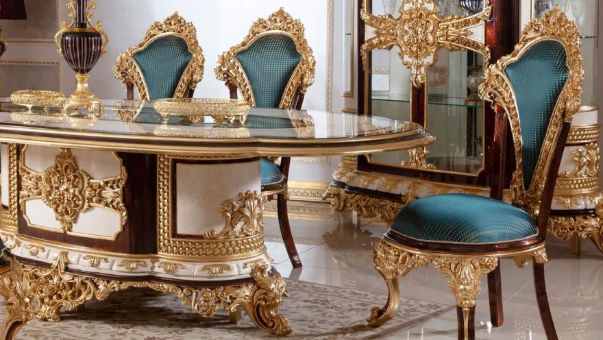 Casa Padrino Luxus Barock Esszimmerstuhl Set Blau / Braun / Gold - Handgefertigtes Küchen Stühle 6er Set mit elegantem Muster - Barock Esszimmer Möbel - Edel & Prunkvoll