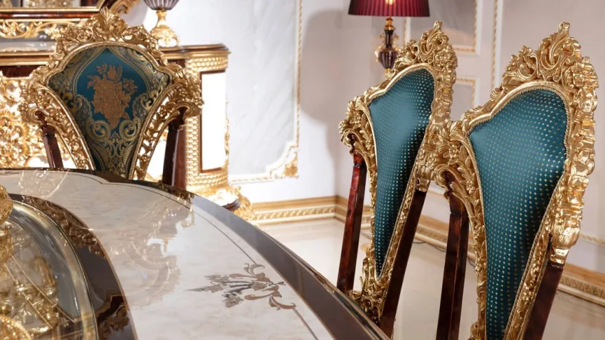 Casa Padrino Luxus Barock Esszimmerstuhl Set Blau / Braun / Gold - Handgefertigtes Küchen Stühle 6er Set mit elegantem Muster - Barock Esszimmer Möbel - Edel & Prunkvoll