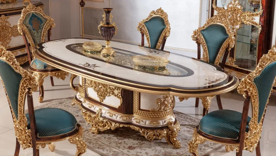 Casa Padrino Luxus Barock Esszimmerstuhl Set Blau / Braun / Gold - Handgefertigtes Küchen Stühle 6er Set mit elegantem Muster - Barock Esszimmer Möbel - Edel & Prunkvoll