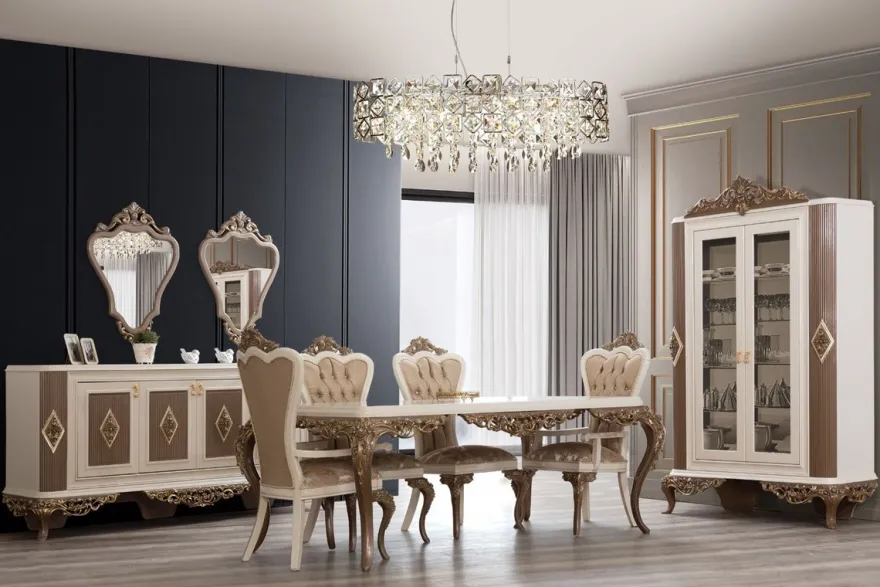 Casa Padrino Luxus Barock Esstisch Weiß / Braun / Gold - Edler Massivholz Esszimmertisch - Barock Esszimmer Möbel - Edel & Prunkvoll