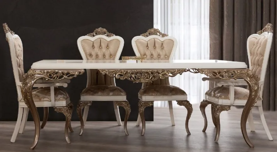 Casa Padrino Luxus Barock Esstisch Weiß / Braun / Gold - Edler Massivholz Esszimmertisch - Barock Esszimmer Möbel - Edel & Prunkvoll