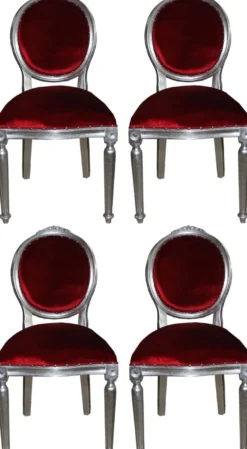 Casa Padrino Luxus Barock Esszimmer Set Medaillon Bordeauxrot / Silber 50 x 52 x H. 99 cm - 4 handgefertigte Esszimmerstühle - Barock Esszimmermöbel