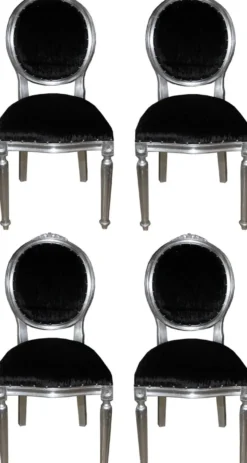 Casa Padrino Luxus Barock Esszimmer Set Medaillon Schwarz / Silber 50 x 52 x H. 99 cm - 4 handgefertigte Esszimmerstühle - Barock Esszimmermöbel