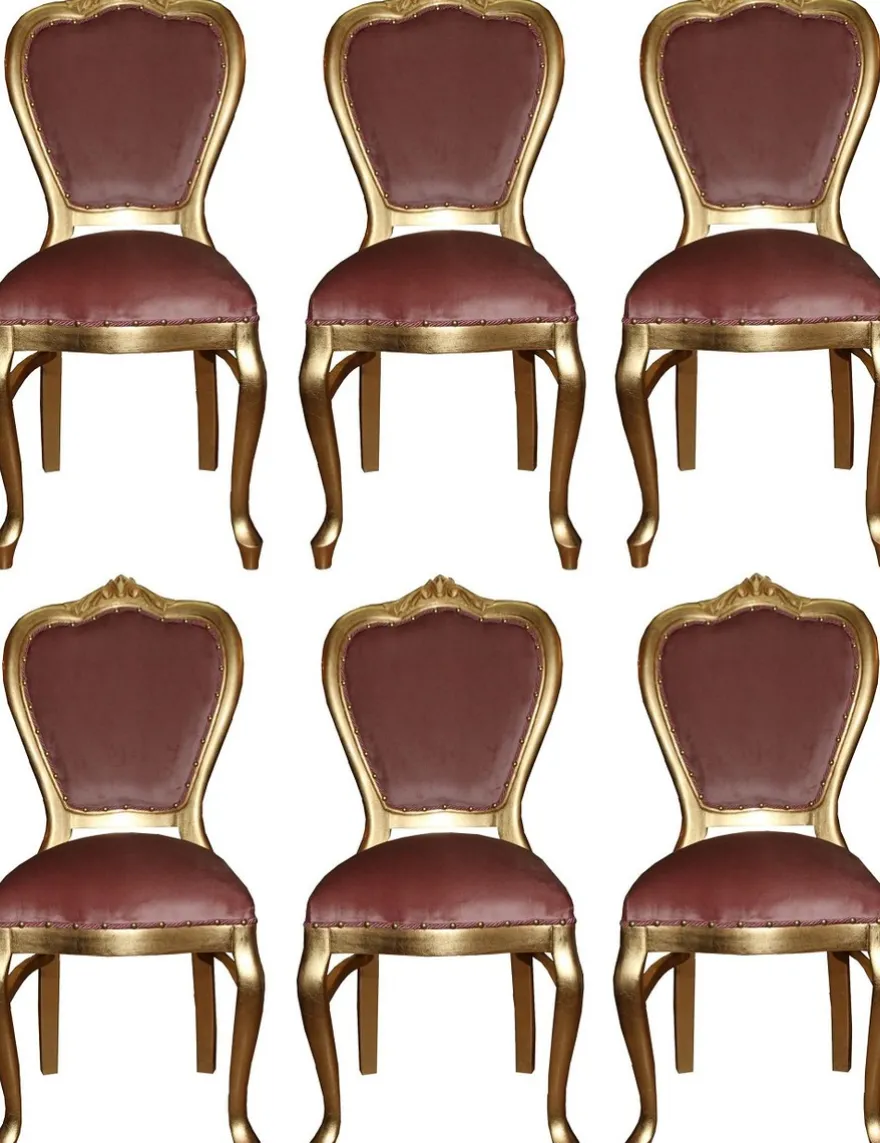 Casa Padrino Luxus Barock Esszimmer Set Rosa / Gold 45 x 46 x H. 99 cm - 6 handgefertigte Esszimmerstühle - Barock Esszimmermöbel