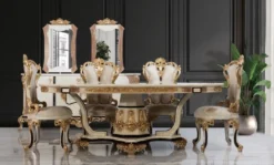 Casa Padrino Luxus Barock Esszimmerstuhl 6er Set Weiß / Creme / Beige / Schwarz / Gold - Barockstil Küchenstühle mit Muster - Luxus Esszimmer Möbel im Barockstil - Barock Esszimmer Möbel