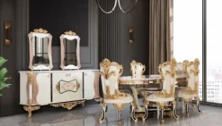 Casa Padrino Luxus Barock Esszimmerstuhl 6er Set Weiß / Creme / Beige / Schwarz / Gold - Barockstil Küchenstühle mit Muster - Luxus Esszimmer Möbel im Barockstil - Barock Esszimmer Möbel