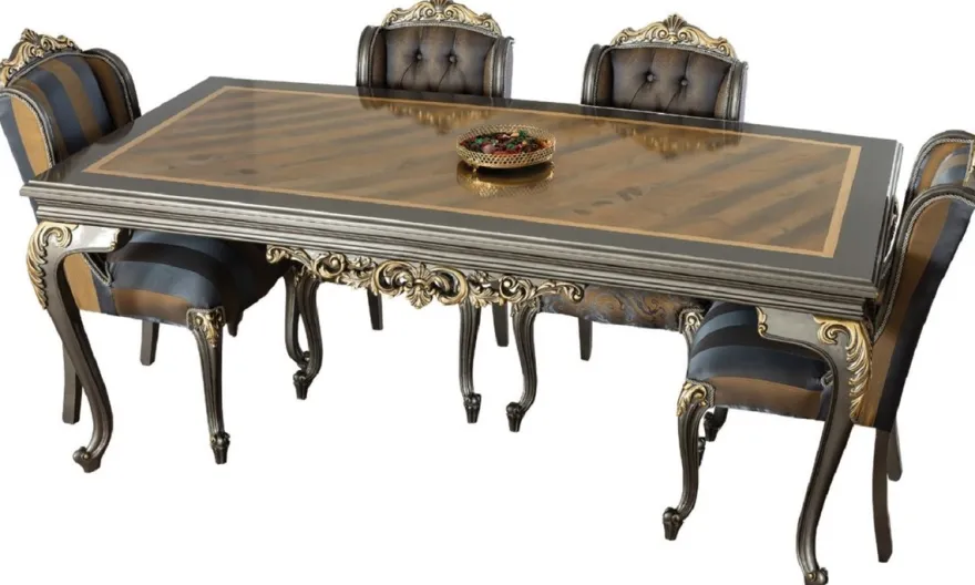 Casa Padrino Luxus Barock Esszimmer Set Blau / Grau / Gold - 1 Esszimmertisch & 6 Esszimmerstühle - Edle Barock Esszimmer Möbel - Edel & Prunkvoll