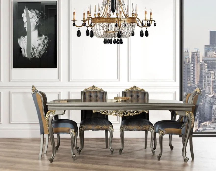 Casa Padrino Luxus Barock Esszimmer Set Blau / Grau / Gold - 1 Esszimmertisch & 6 Esszimmerstühle - Edle Barock Esszimmer Möbel - Edel & Prunkvoll