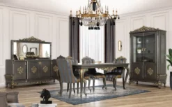 Casa Padrino Luxus Barock Esszimmer Set Blau / Grau / Gold - 1 Esszimmertisch & 6 Esszimmerstühle - Edle Barock Esszimmer Möbel - Edel & Prunkvoll