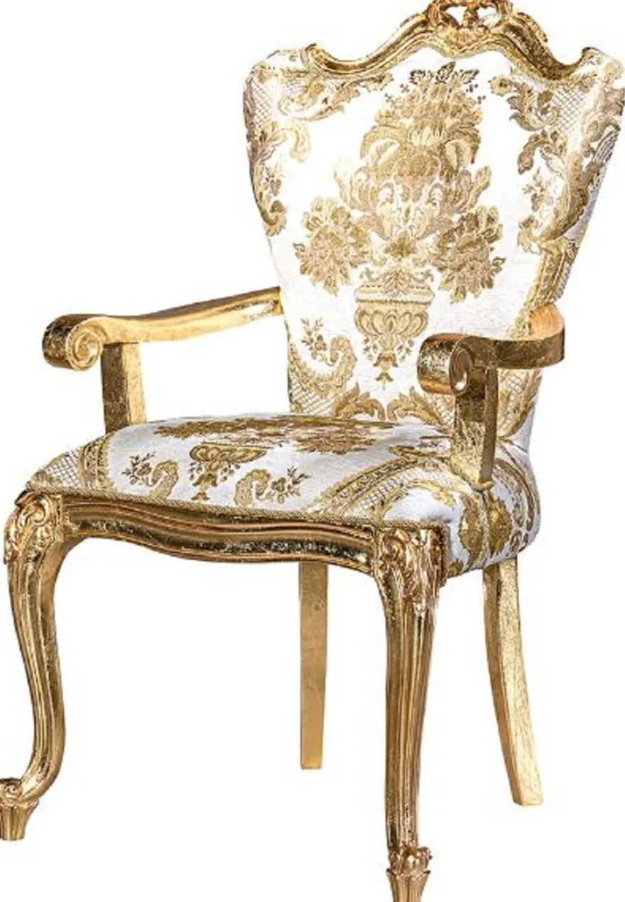 Casa Padrino Luxus Barock Esszimmerstuhl Set Weiß / Gold - 6 handgefertigte Küchen Stühle mit Armlehnen und elegantem Muster - Barock Esszimmer Möbel - Edel & Prunkvoll