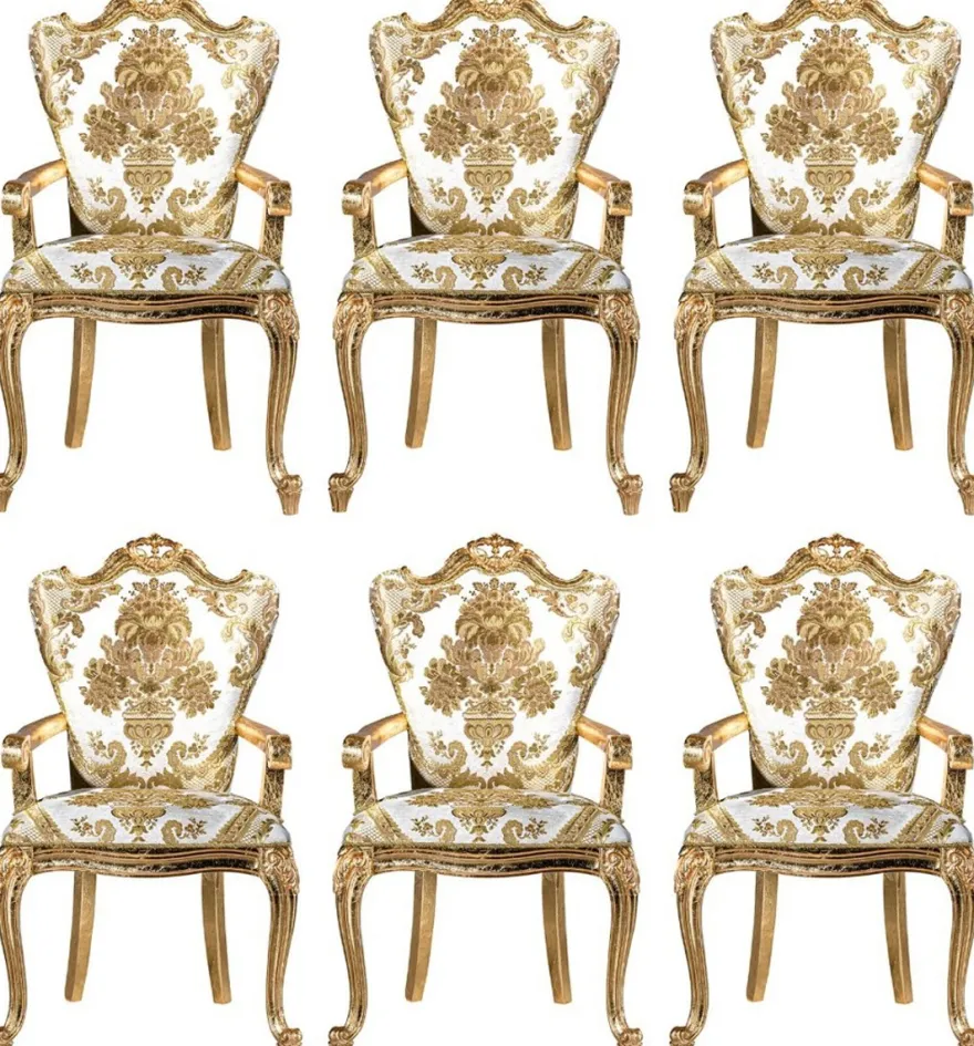 Casa Padrino Luxus Barock Esszimmerstuhl Set Weiß / Gold - 6 handgefertigte Küchen Stühle mit Armlehnen und elegantem Muster - Barock Esszimmer Möbel - Edel & Prunkvoll
