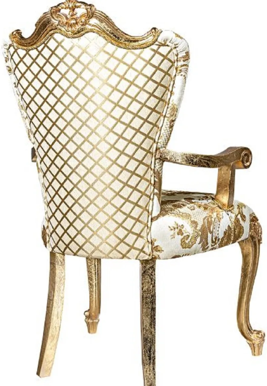 Casa Padrino Luxus Barock Esszimmerstuhl Set Weiß / Gold - 6 handgefertigte Küchen Stühle mit Armlehnen und elegantem Muster - Barock Esszimmer Möbel - Edel & Prunkvoll