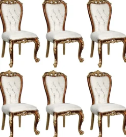 Casa Padrino Luxus Barock Esszimmer Stuhl Set Weiß / Gold / Braun / Gold 57 x 54 x H. 115 cm - Edles Küchen Stühle 6er Set im Barockstil - Barock Esszimmer Möbel