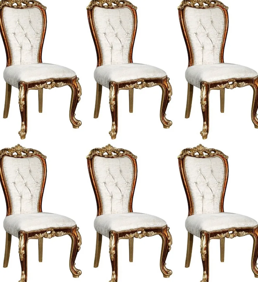 Casa Padrino Luxus Barock Esszimmer Stuhl Set Weiß / Gold / Braun / Gold 57 x 54 x H. 115 cm - Edles Küchen Stühle 6er Set im Barockstil - Barock Esszimmer Möbel