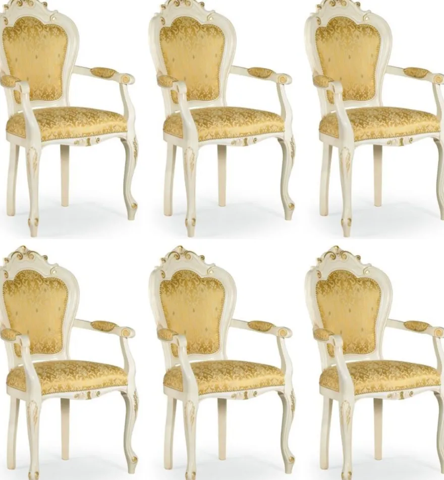 Casa Padrino Luxus Barock Esszimmer Stuhl Set mit Armlehnen Gold / Weiß / Gold 58 x 50 x H. 103 cm - Barock Küchen Stühle 6er Set - Esszimmer Möbel im Barockstil