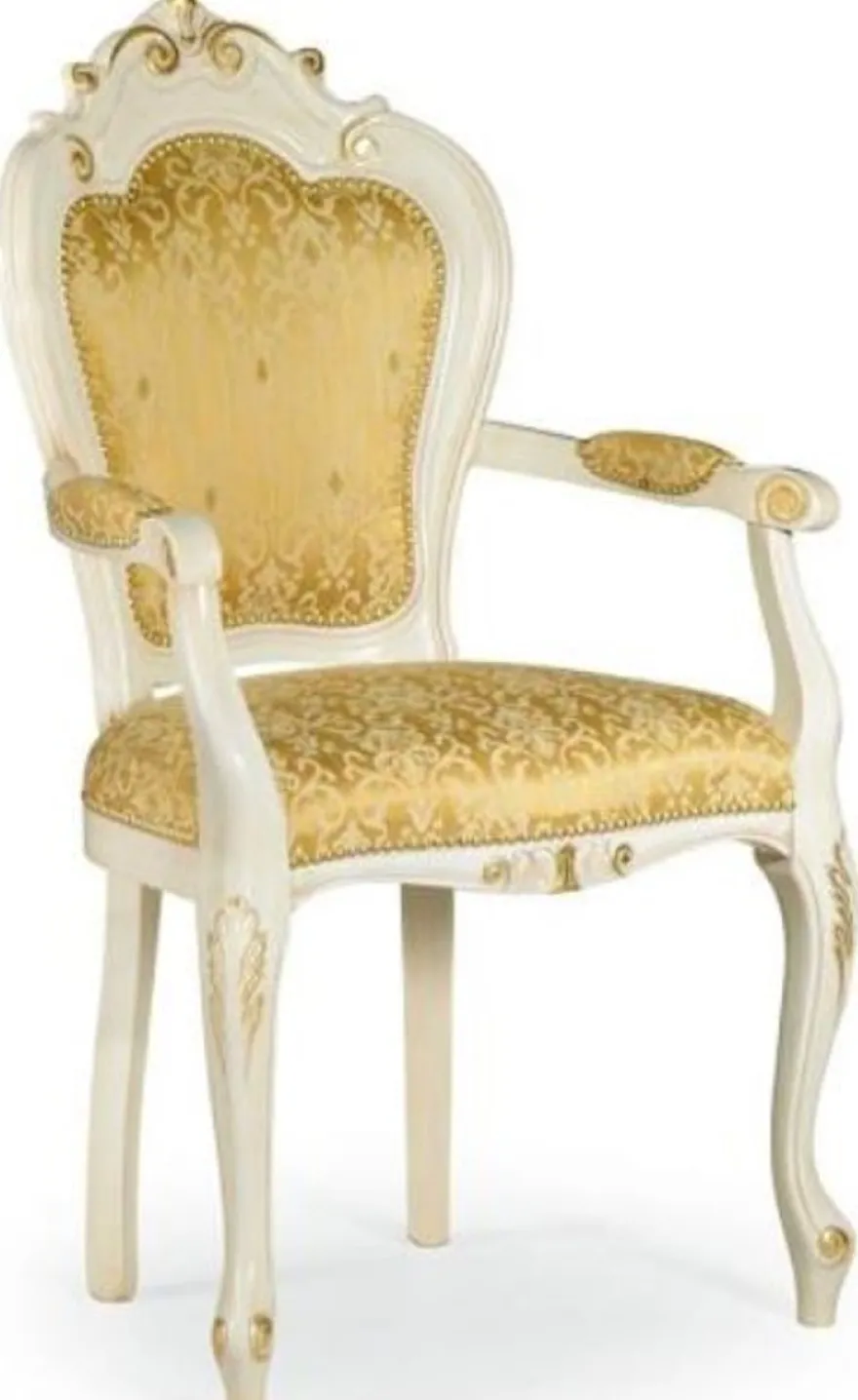 Casa Padrino Luxus Barock Esszimmer Stuhl Set mit Armlehnen Gold / Weiß / Gold 58 x 50 x H. 103 cm - Barock Küchen Stühle 6er Set - Esszimmer Möbel im Barockstil