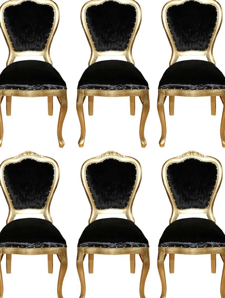 Casa Padrino Luxus Barock Esszimmer Set Schwarz / Gold 45 x 46 x H. 99 cm - 6 handgefertigte Esszimmerstühle - Barock Esszimmermöbel