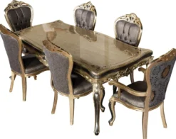 Casa Padrino Luxus Barock Esszimmer Set Lila / Antik Gold / Schwarz - 1 Barock Esstisch & 6 Barock Esszimmerstühle - Luxus Esszimmer Möbel im Barockstil - Prunkvolle Barock Esszimmer Möbel