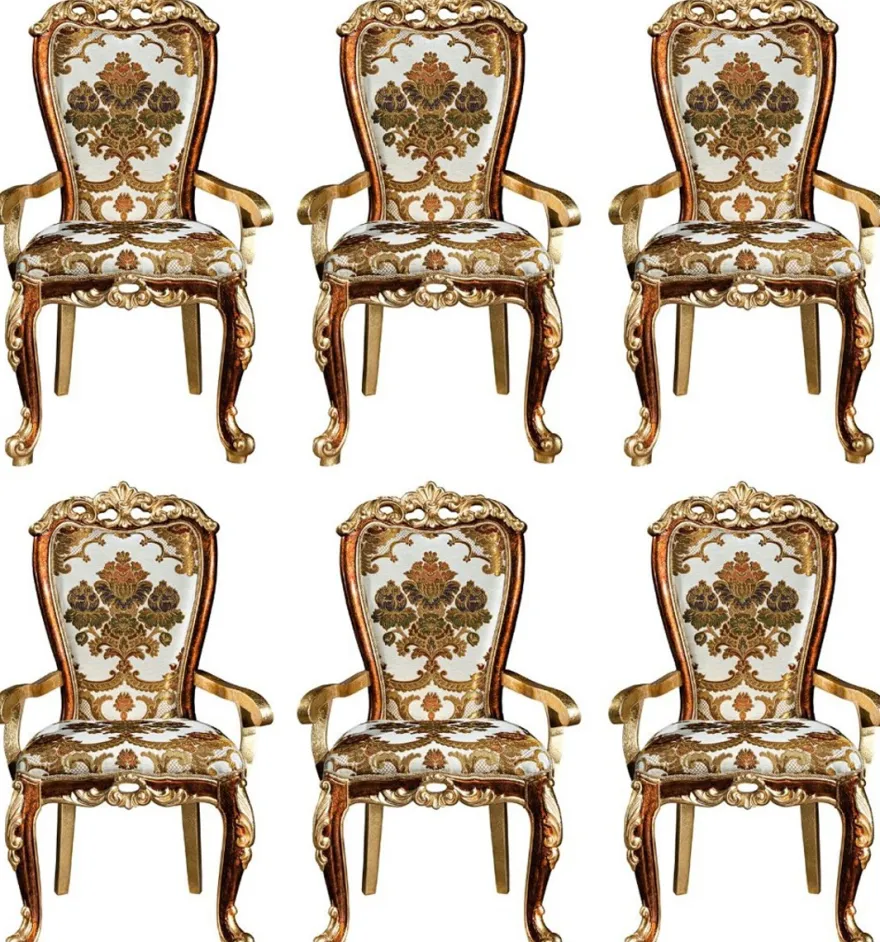 Casa Padrino Luxus Barock Esszimmer Stuhl Set mit Armlehnen und elegantem Muster 57 x 54 x H. 115 cm - Edles Küchen Stühle 6er Set im Barockstil - Barock Esszimmer Möbel