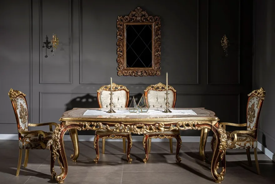 Casa Padrino Luxus Barock Esszimmer Stuhl Set mit Armlehnen und elegantem Muster 57 x 54 x H. 115 cm - Edles Küchen Stühle 6er Set im Barockstil - Barock Esszimmer Möbel