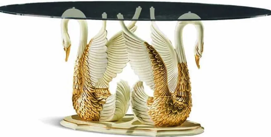 Casa Padrino Luxus Barock Esstisch mit Glasplatte Elfenbein / Gold 190 cm - Made in Italy