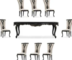Casa Padrino Luxus Barock Esszimmer Set Creme / Schwarz / Gold - 1 Barock Esstisch & 8 Barock Esszimmerstühle - Luxus Esszimmer Möbel im Barockstil - Prunkvolle Barock Esszimmer Möbel
