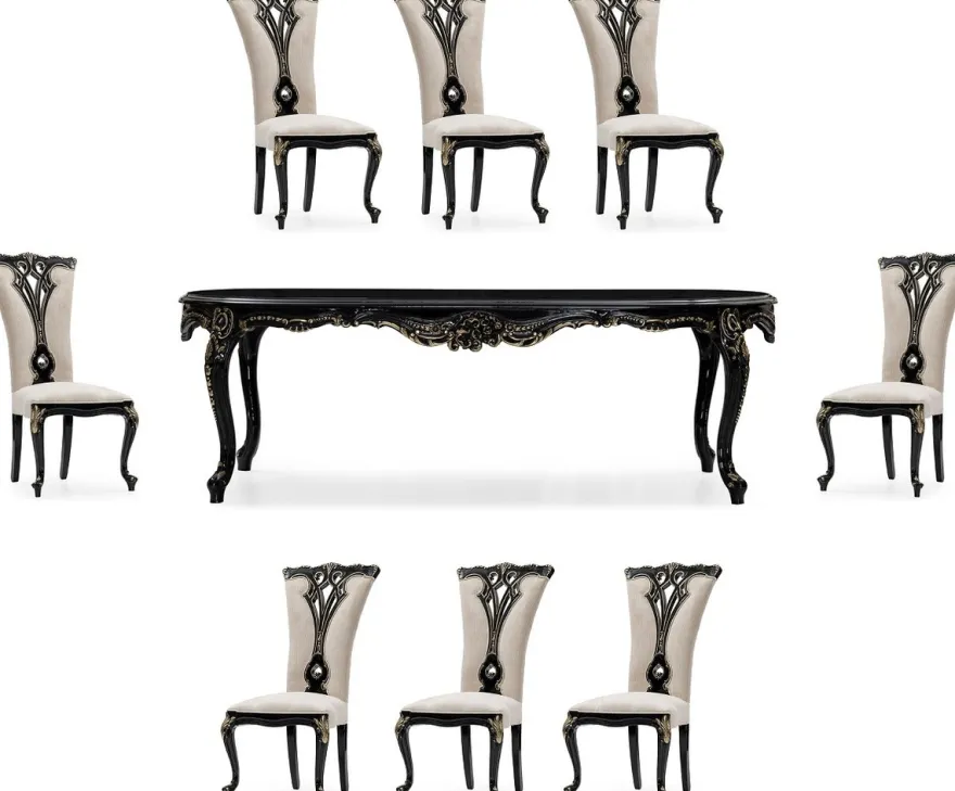 Casa Padrino Luxus Barock Esszimmer Set Creme / Schwarz / Gold - 1 Barock Esstisch & 8 Barock Esszimmerstühle - Luxus Esszimmer Möbel im Barockstil - Prunkvolle Barock Esszimmer Möbel