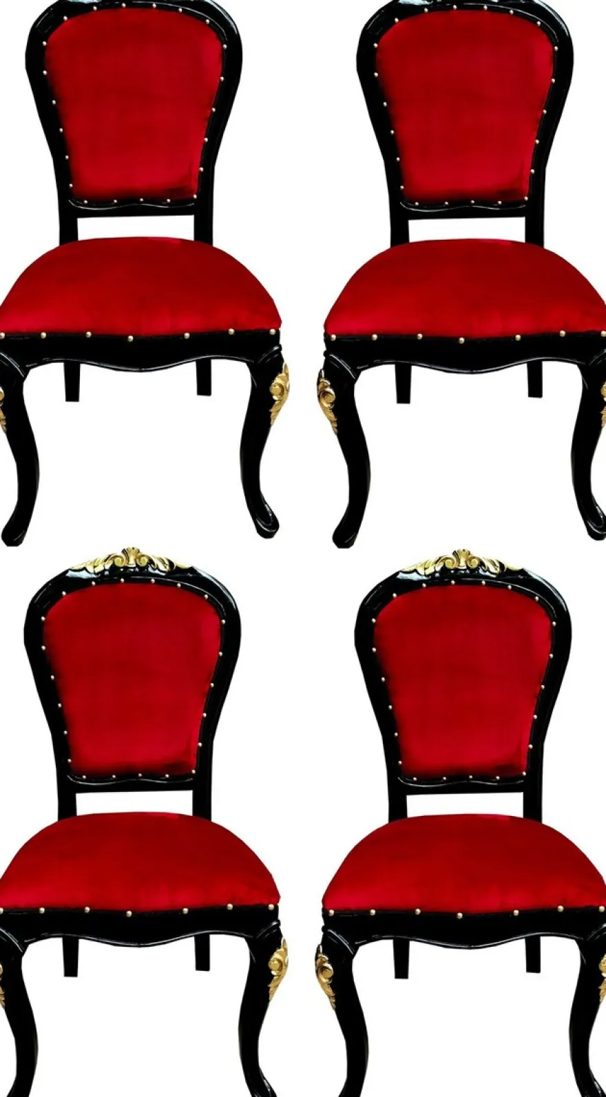 Casa Padrino Luxus Barock Esszimmer Set Bordeauxrot / Schwarz / Gold 50 x 50 x H. 110 cm - 4 handgefertigte Massivholz Esszimmerstühle mit Samtstoff - Barock Esszimmermöbel