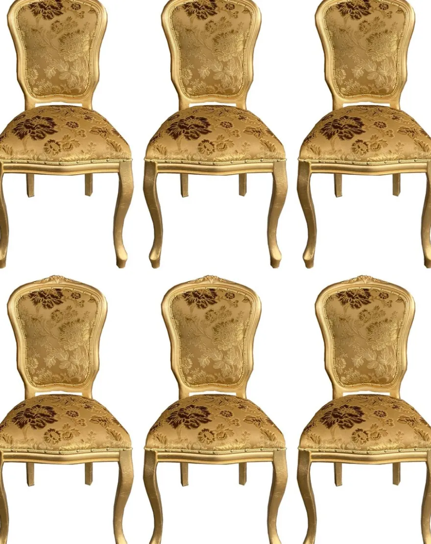Casa Padrino Luxus Barock Esszimmer Stuhl Set mit elegantem Muster Gold 50 x 60 x H. 104 cm - Küchen Stühle 6er Set - Barock Esszimmer Möbel