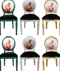 Casa Padrino Luxus Barock Esszimmer Set Flamingo mit Krone Grün / Weiß / Gold 48 x 50 x H. 98 cm - 6 handgefertigte Esszimmerstühle mit Bling Bling Glitzersteinen - Barock Esszimmermöbel