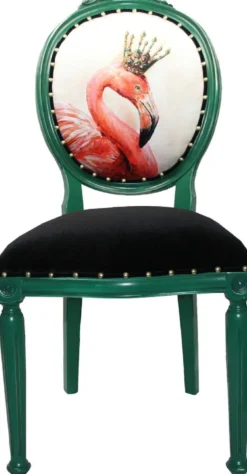 Casa Padrino Luxus Barock Esszimmer Set Flamingo mit Krone Grün / Weiß / Gold 48 x 50 x H. 98 cm - 6 handgefertigte Esszimmerstühle mit Bling Bling Glitzersteinen - Barock Esszimmermöbel