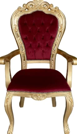 Casa Padrino Luxus Barock Esszimmer Stuhl Bordeauxrot / Gold - Handgefertigter Antik Stil Stuhl mit Armlehnen und edlem Samtstoff - Esszimmer Möbel im Barockstil