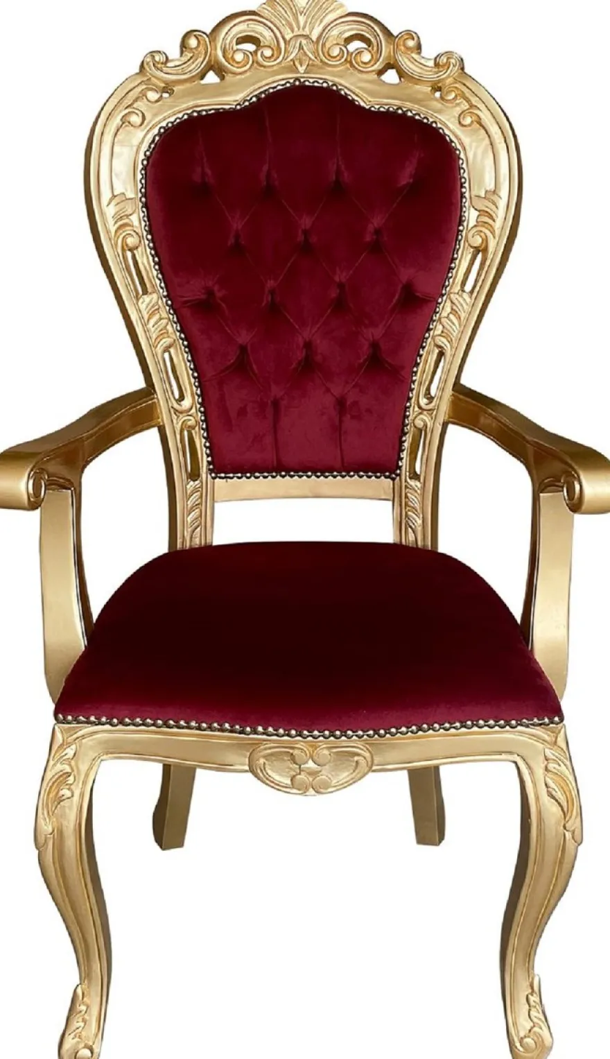 Casa Padrino Luxus Barock Esszimmer Stuhl Bordeauxrot / Gold - Handgefertigter Antik Stil Stuhl mit Armlehnen und edlem Samtstoff - Esszimmer Möbel im Barockstil