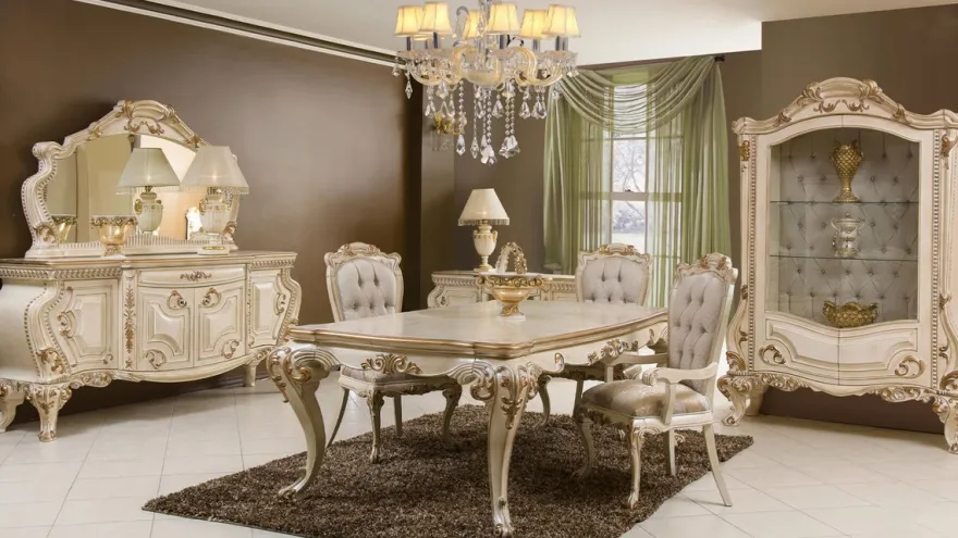 Casa Padrino Luxus Barock Esstisch Cremefarben / Gold - Prunkvoller Massivholz Esszimmertisch im Barockstil - Prunkvolle Barock Esszimmer Möbel