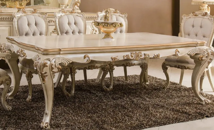 Casa Padrino Luxus Barock Esstisch Cremefarben / Gold - Prunkvoller Massivholz Esszimmertisch im Barockstil - Prunkvolle Barock Esszimmer Möbel