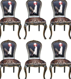 Casa Padrino Luxus Barock Esszimmer Set Dame mit High Heels Leopard / Schwarz / Braun 50 x 50 x H. 110 cm - 6 handgefertigte Esszimmerstühle - Barockmöbel