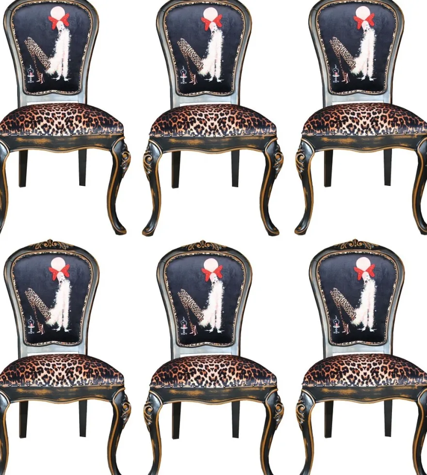 Casa Padrino Luxus Barock Esszimmer Set Dame mit High Heels Leopard / Schwarz / Braun 50 x 50 x H. 110 cm - 6 handgefertigte Esszimmerstühle - Barockmöbel