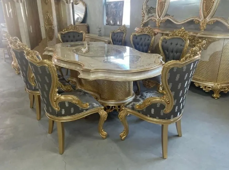 Casa Padrino Luxus Barock Esstisch Mehrfarbig / Gold - Prunkvoller Massivholz Esszimmertisch im Barockstil - Barock Esszimmer Möbel - Luxus Esszimmer Möbel im Barockstil - Edel & Prunkvoll